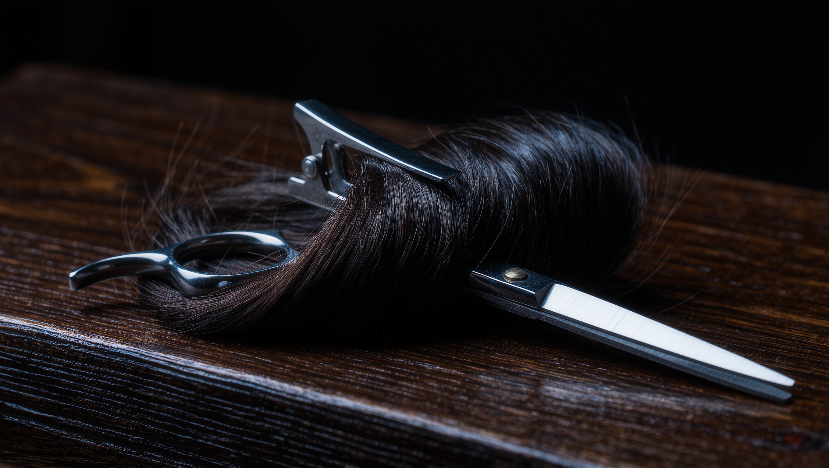 Hand einer Friseurin, die eine abgeteilte Strähne zwischen Zeige- und Mittelfinger spannt, Schere und Kamm im Anschnitt, weiches Tageslicht