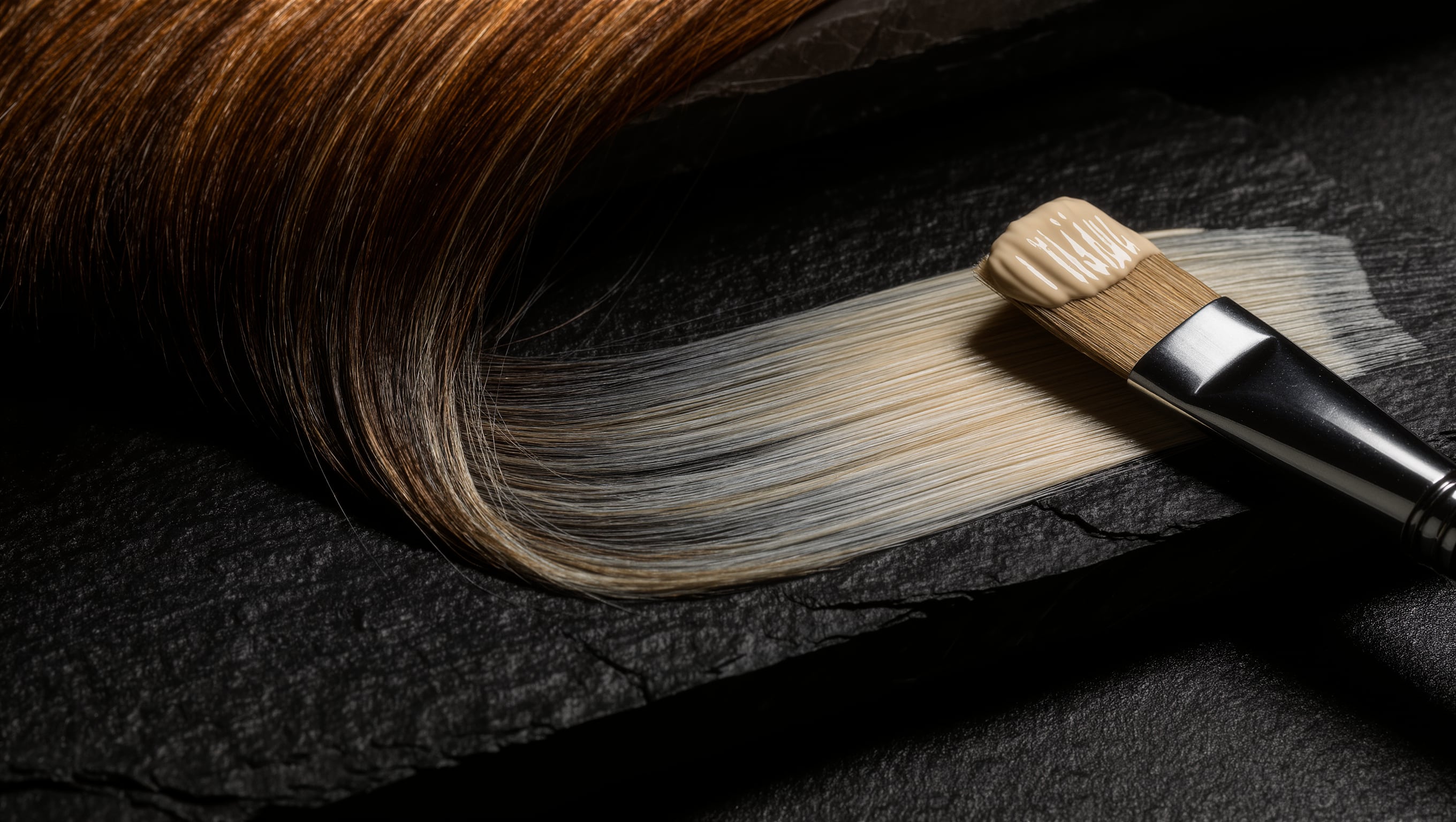 Pinsel trägt helle Blondiercreme freihand auf die Oberfläche einer aufgefächerten Haarsträhne auf, daneben ein Farbfächer in warmem Licht
