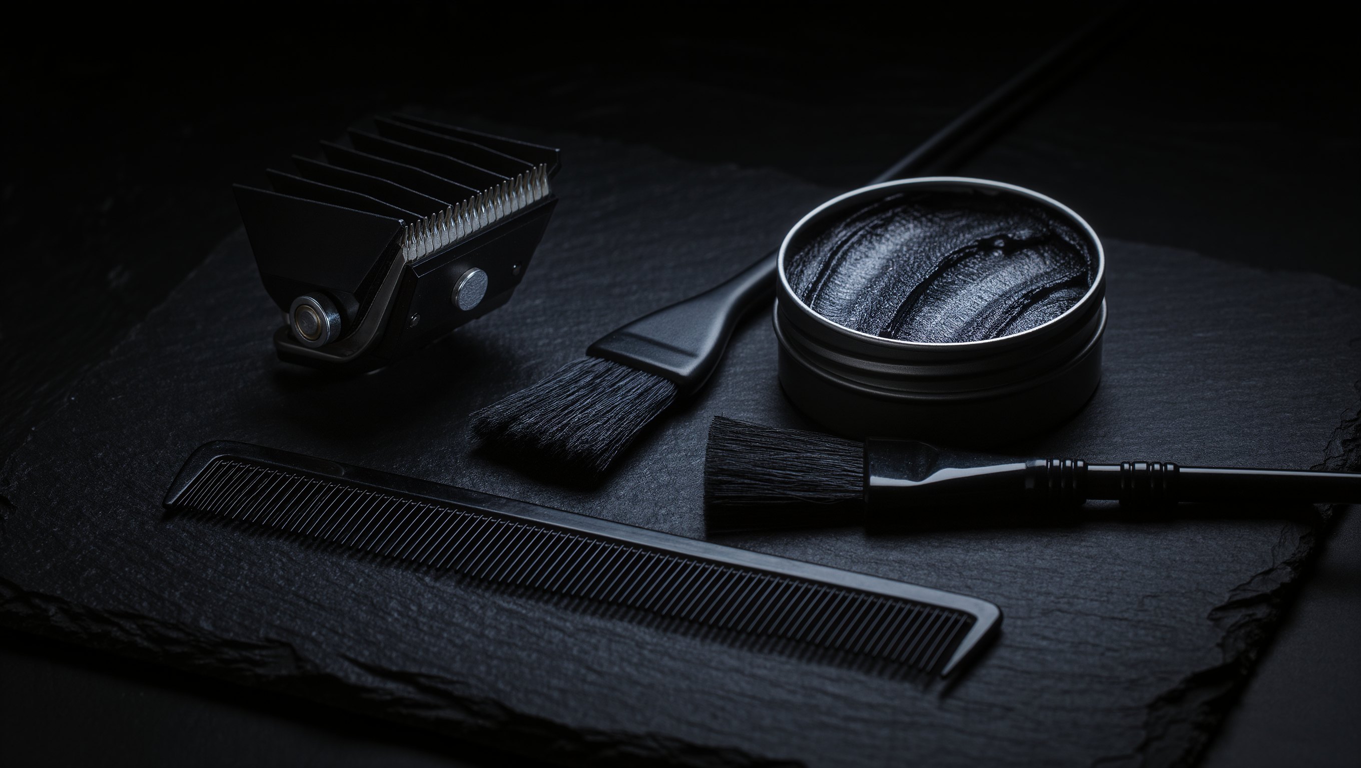 Haarschneidemaschine mit Aufsatzkamm neben Stielkamm, Bürste und einem offenen Tiegel mattes Stylingprodukt auf heller Arbeitsfläche
