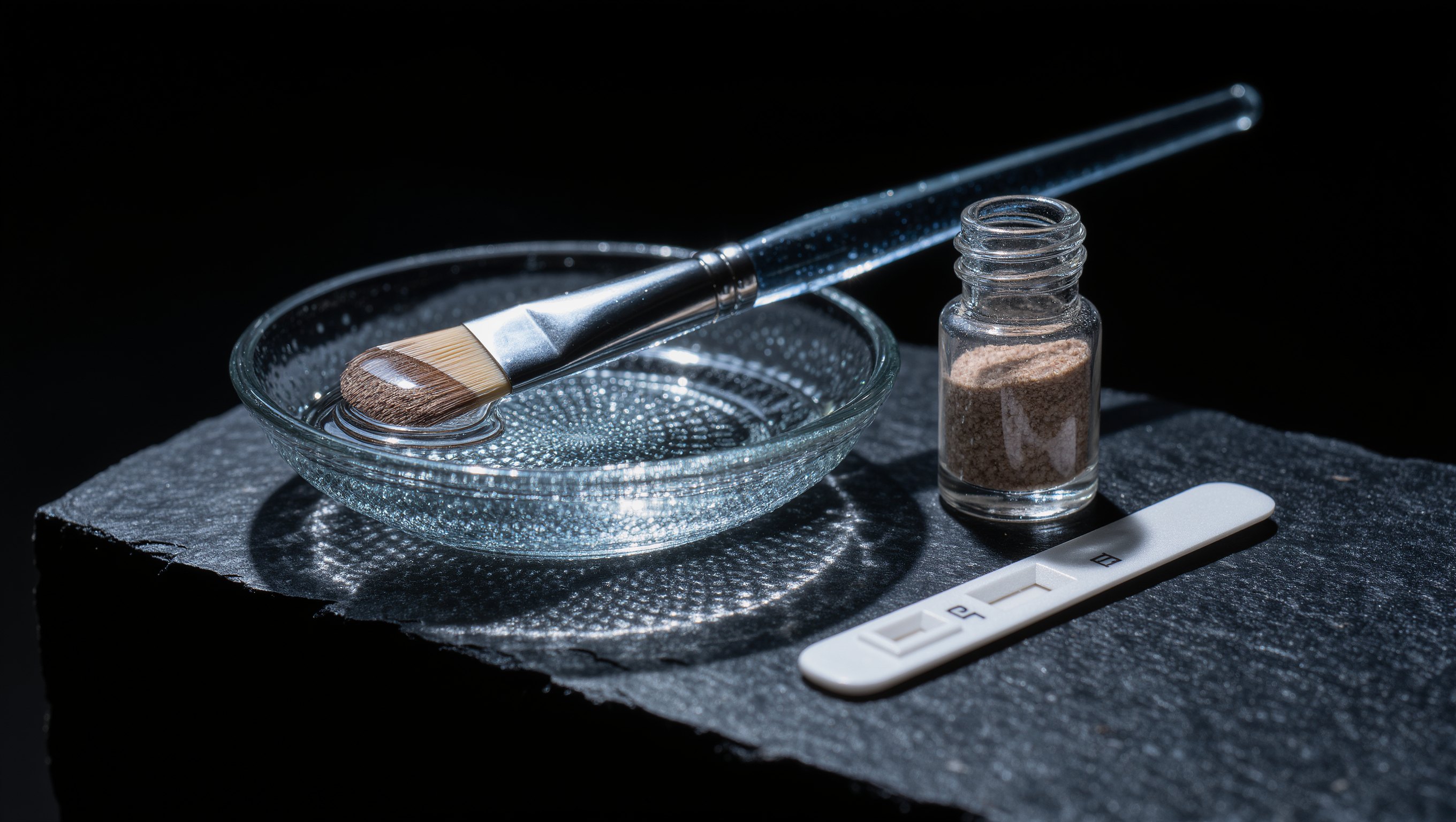 Pinsel mit klarer Peelinglösung über einer Glasschale, daneben Neutralisationsflüssigkeit und ein pH-Teststreifen auf hellem Tuch
