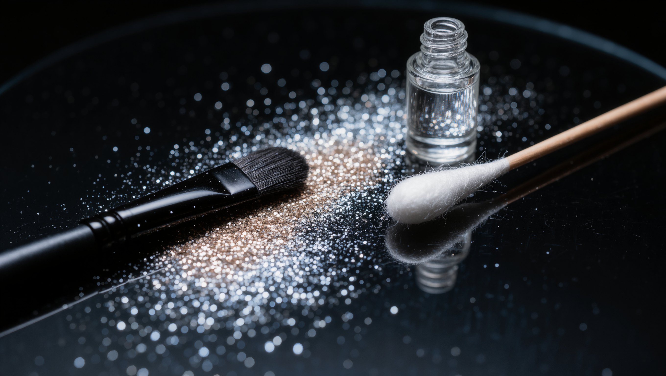 Glitzerpartikel und Pigmentstaub auf einer Haarsträhne im Streiflicht, daneben eine grobzinkige Bürste und ein Ölfläschchen