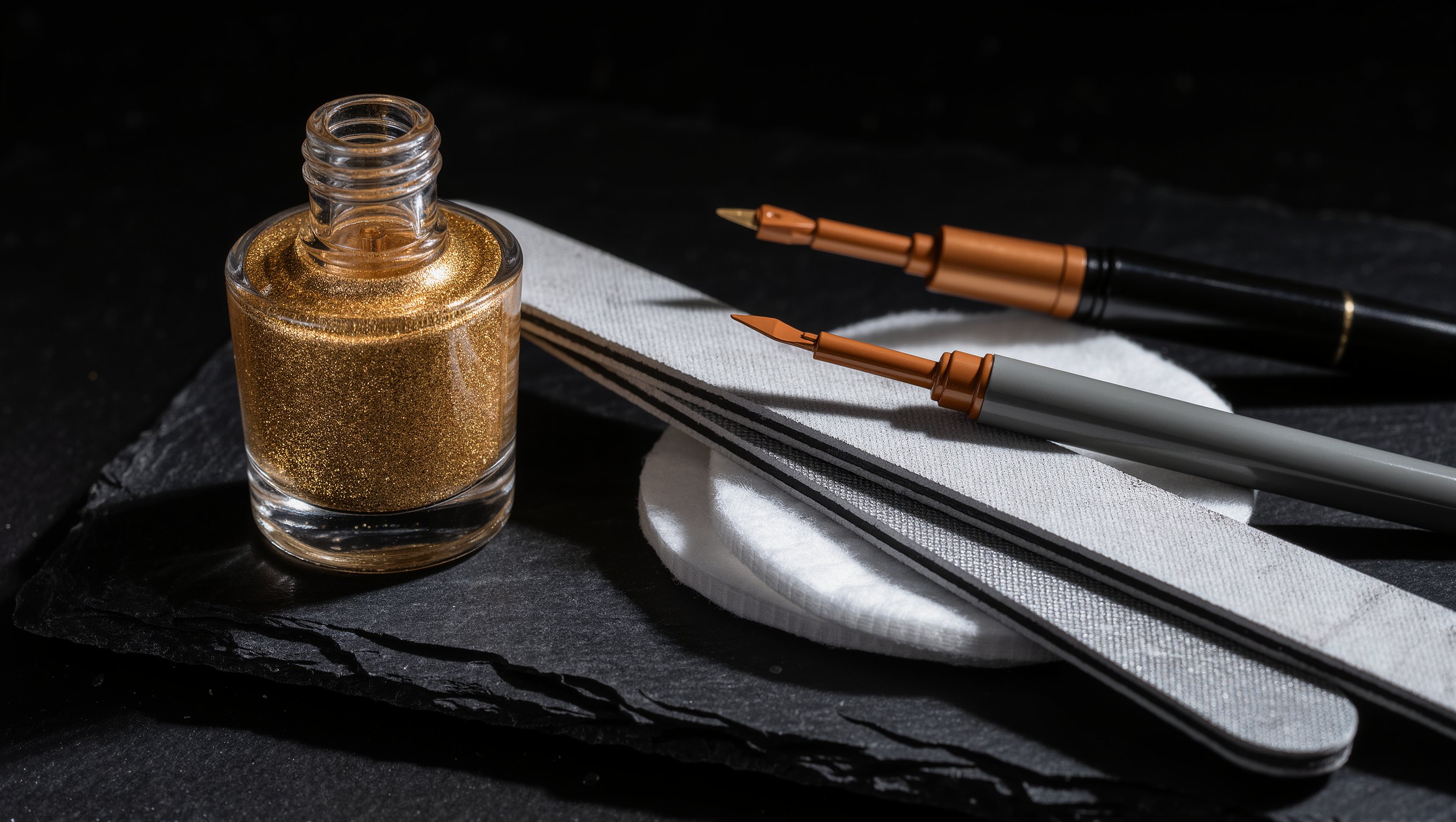 Geöffnetes Fläschchen mit goldenem Glitzerlack neben Feilen unterschiedlicher Körnung, Wattepads und einem Nagelölstift auf heller Fläche