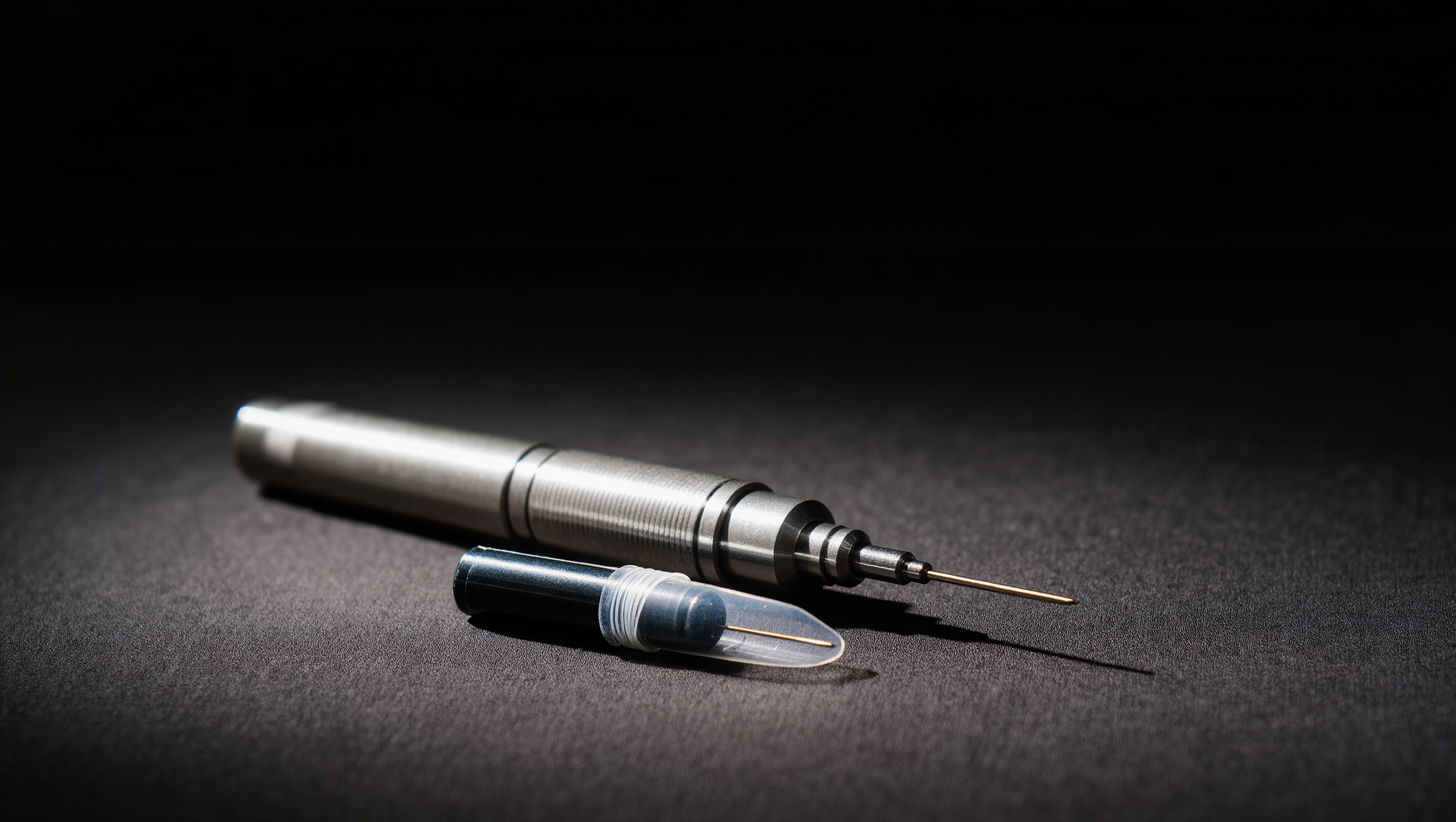 Nahaufnahme eines Microneedling-Pens mit versiegeltem Einmalmodul auf sterilem Tuch, daneben ein Fläschchen Serum in kühlem Licht