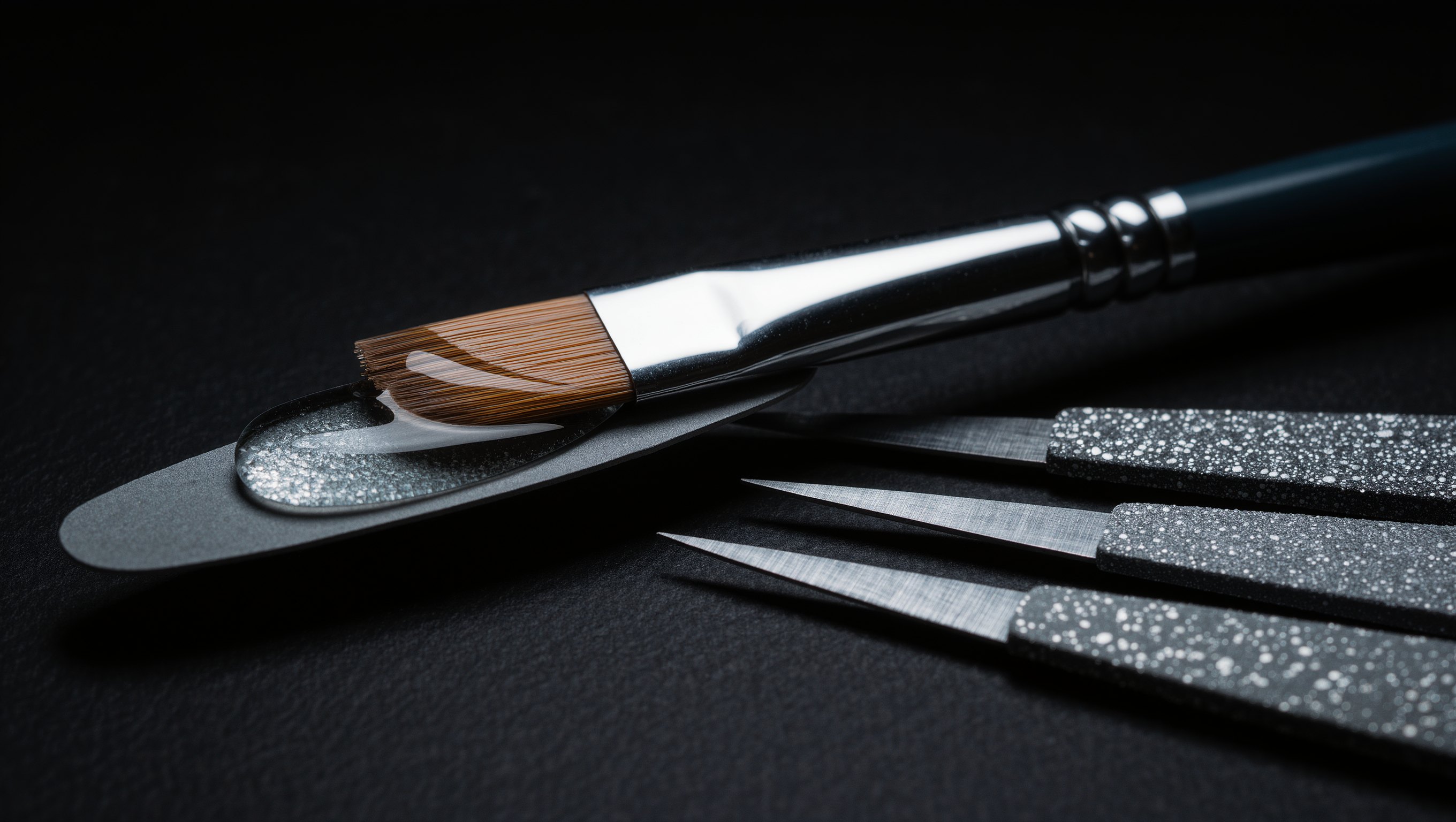 Detailaufnahme von Händen bei der Nagelmodellage, Pinsel mit Gel über einer Schablone, daneben Feilen in unterschiedlichen Körnungen
