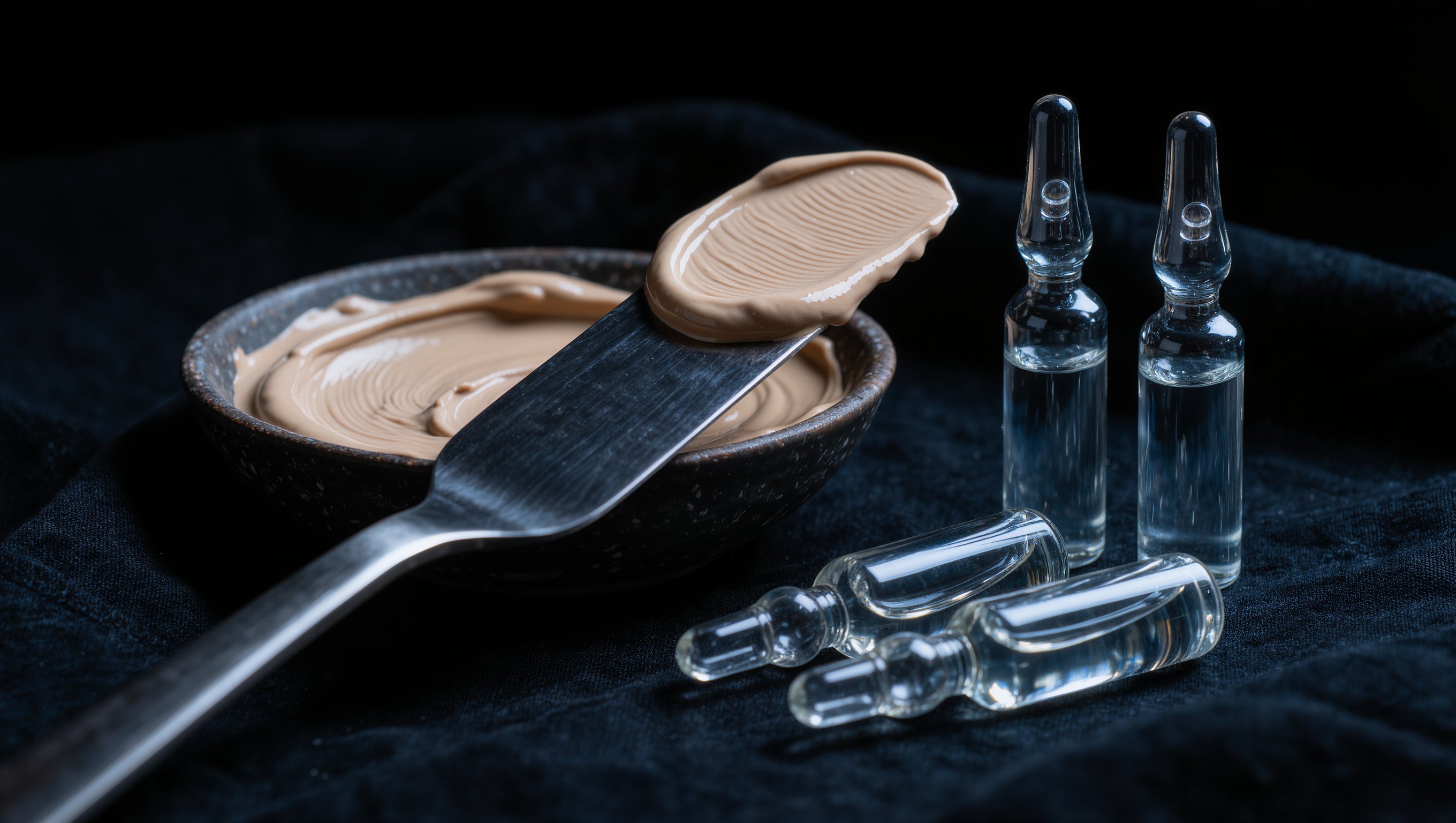 Behandschuhte Hände tragen eine cremige Maske mit einem flachen Spatel auf, daneben Wattepads und eine Schale mit warmem Wasser